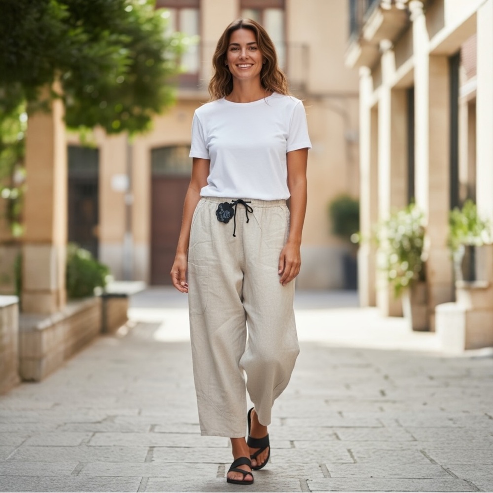 Linen Cropped Wide-Leg Pants with Pocket.